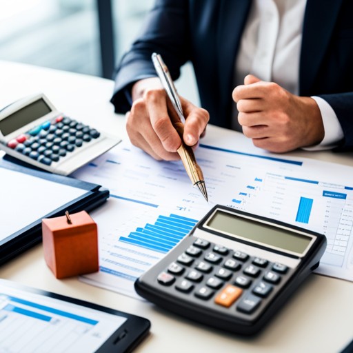 A businessman in a suit is using a calculator and a pen.