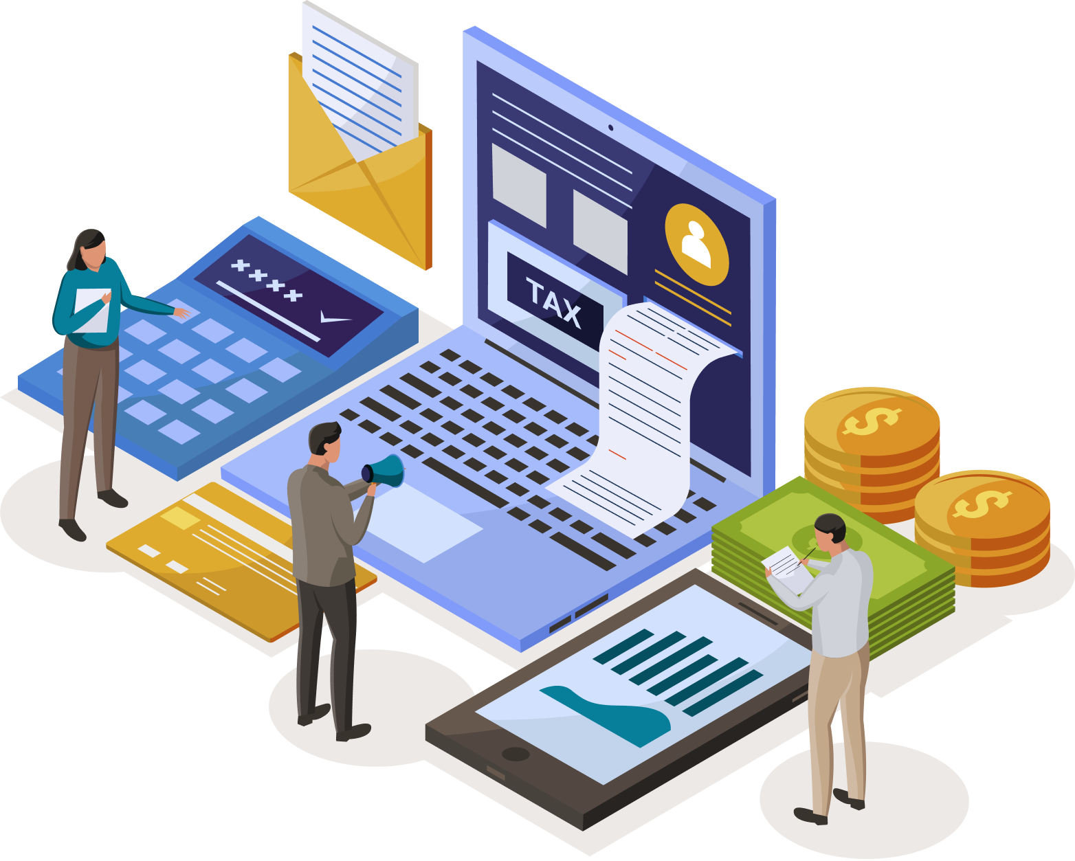 Isometric illustration of a group of people working on a laptop.
