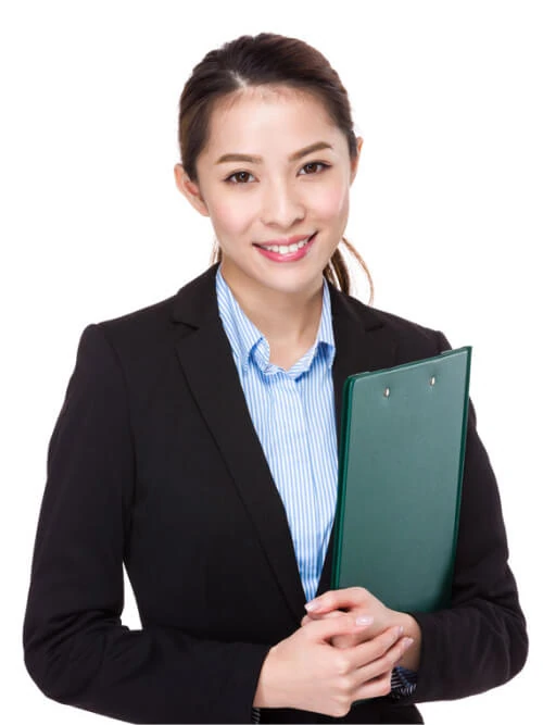 A young asian business woman holding a folder during tax return preparation.