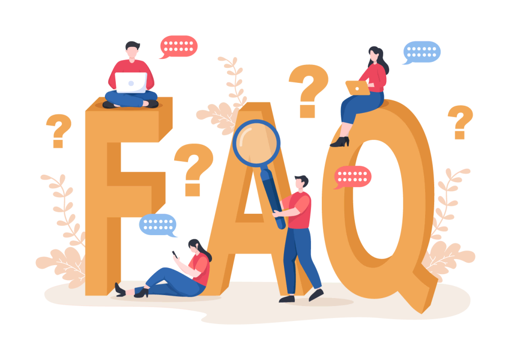 Illustration of three people with laptops and a large FAQ sign. One person sits on the "F," another on the "Q," and a third, perhaps a tax accountant in Ottawa, uses a magnifying glass on the "A." Speech bubbles and question marks surround them.