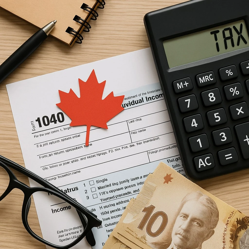 A Canadian tax form 1040 with a red maple leaf cutout, calculator displaying "TAX," glasses, a notebook, and Canadian currency on a wooden desk—perfect for reviewing the 2026 income tax brackets Canada will implement.