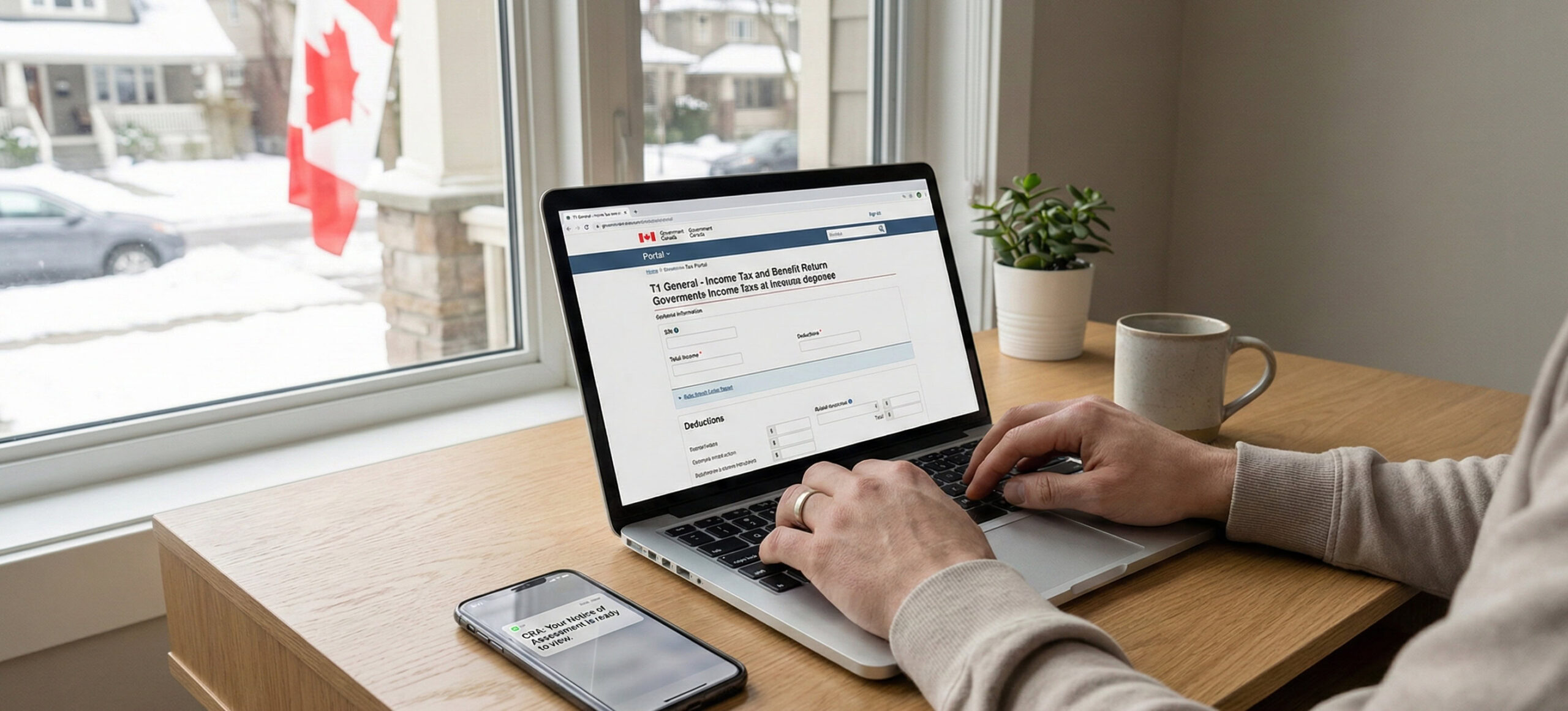 Person using a laptop to fill out a Canadian government tax form at a desk by a window, embracing CRA's Digital-First Tax Filing. A phone, mug, and plant sit nearby; snow and a Canadian flag are visible outside. No more paper tax packages in 2026.